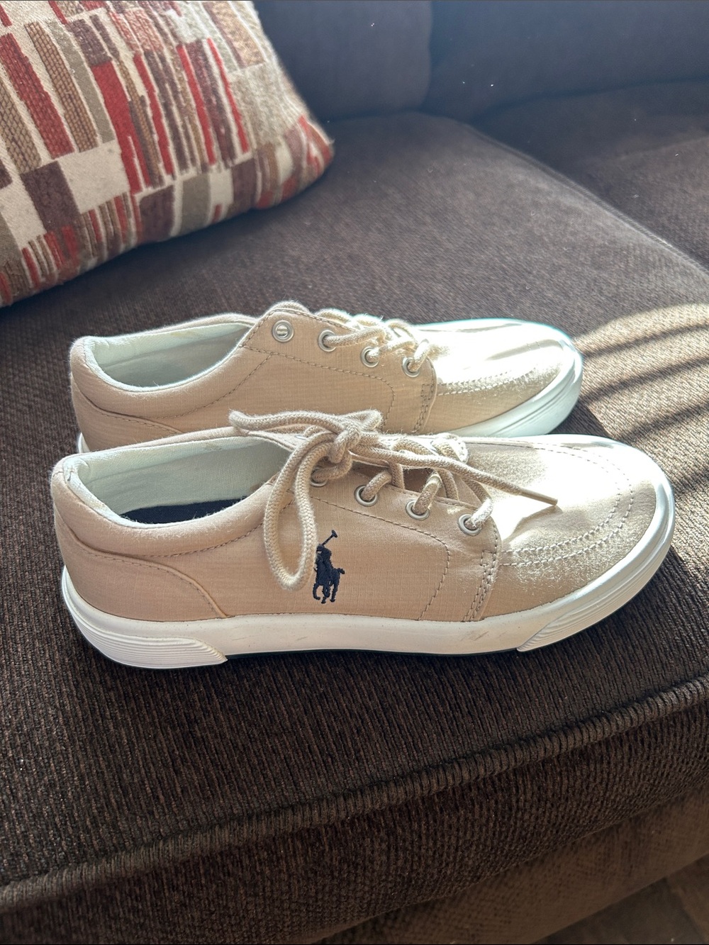 Polo by Ralph Lauren Beige Canvas Kids Sneakers with Navy Logo